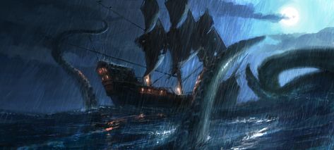 Sea of Thieves: the Kraken attacks by Pete AmachreeHere's a key moment illustration I made for the Sea of Thieves game. Sea Of Thieves Game, Pirate Vibes, Kraken Art, Call Of Cthulhu Rpg, Sea Of Monsters, Sea Illustration, Black Bolt, Sea Of Thieves, Eldritch Horror