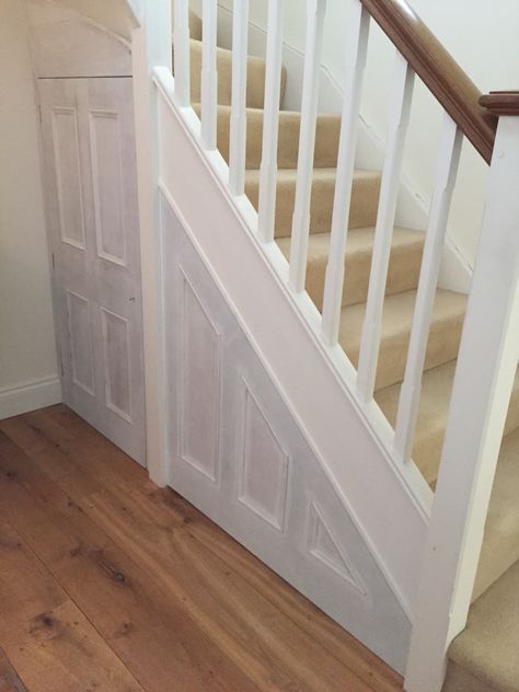 Under stairs panel and door made and fitted ready for painting Under Stair Panelling, Under Stairs Panelling, Industrial Stairs Design, Ideas Under The Stairs, Under The Stairs Closet, Stair Panelling, Stair Cupboard, Door Under Stairs, Closet Stairs