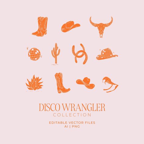 Disco Wrangler Collection * A vibrant, disco-western-inspired suite of illustrations. Disco western-themed graphics--includes cowboy boots & hat, disco ball, cacti and more. Perfect illustrations to aid graphic designers for party invitations - hens party (last rodeo) and birthday party.  Comes in black & white. This listing is an INSTANT DIGITAL DOWNLOAD. NO physical item will be shipped to you. Once you purchase, you will receive a download link and with this link, you can download all the fil Disco Cowgirl Illustration, Western Aesthetic Party, Cactus Graphic Design, Rodeo Party Theme, Western Disco Party, Rodeo Illustration, Cowboy Boots Illustration, Disco Cactus, Disco Illustration