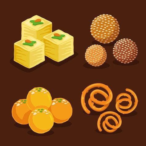 Indian Sweets Illustration Art, Indian Sweets Drawing, Indian Sweets Illustration, Sweets Art, Diwali Drawing, Vector Illustration Character, India Pattern, Food Doodles, Diwali Sweets