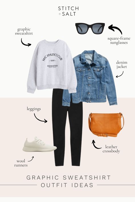 Six Graphic Sweatshirt Outfit Ideas For Spring - Stitch & Salt Spring Sweatshirt Outfit, Graphic Sweatshirt Outfit, Black Sweatshirt Outfit, Style A Graphic Tee, Sweatshirt Outfit Ideas, Winter Outfits 2024, Outfit Ideas For Spring, White Joggers, Green Utility Jacket