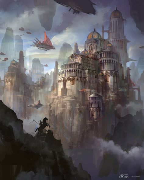 Kekai Kotaki, Sci Fi Landscape, Fantasy City, Fantasy Castle, Fantasy Setting, Fantasy Places, Steampunk Art, Landscape Scenery, Fantasy Art Landscapes