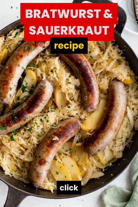 Full guide to making your own German-inspired Bratwurst and Sauerkraut recipe. Step-by-step how to make this traditional German dinner dish quickly and easily in your home without specialized equipment. Enjoy some Bratwurst and Sauerkraut tonight! German Brats And Sauerkraut, Bratwurst Sauerkraut Recipes, Braut Recipes Bratwurst, German Dinner Recipes, Bratwurst And Sauerkraut, German Sauerkraut Recipe, Brats And Sauerkraut, Brats Recipe, Beer Brats Recipe