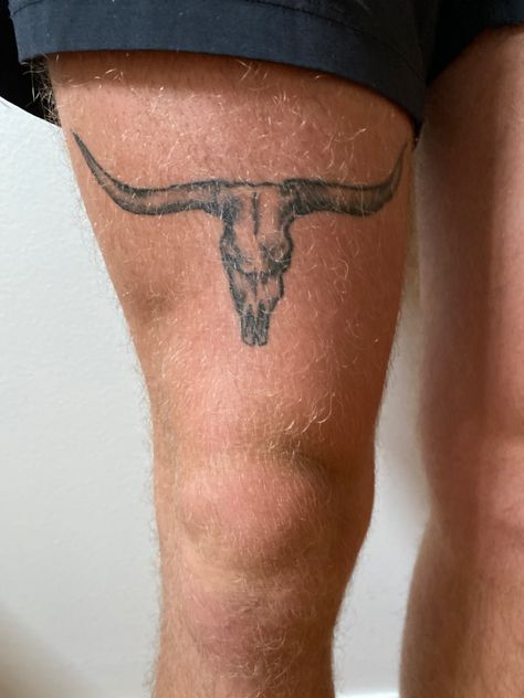 Western Bull Tattoo, Western Leg Tattoo Men, Country Forearm Tattoo Men, Western Male Tattoos, Simple Country Tattoos Men, Above The Knee Tattoo Men Ideas, Country Forearm Tattoo, Tattoo Ideas For Men Western, Skull Shin Tattoo