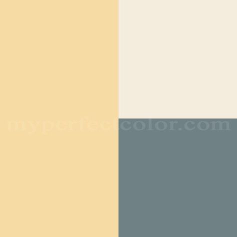 Benjamin Moore- Hawthorne Yellow- Montpelier- Timid White. Created By Vivian Yellow Ranch House Exterior, Yellow Home Exterior, Hawthorne Yellow, Yellow House Exterior, Yellow Floor, Kitchen Yellow, Zyla Colors, Color Combinations Paint, Homes Ideas