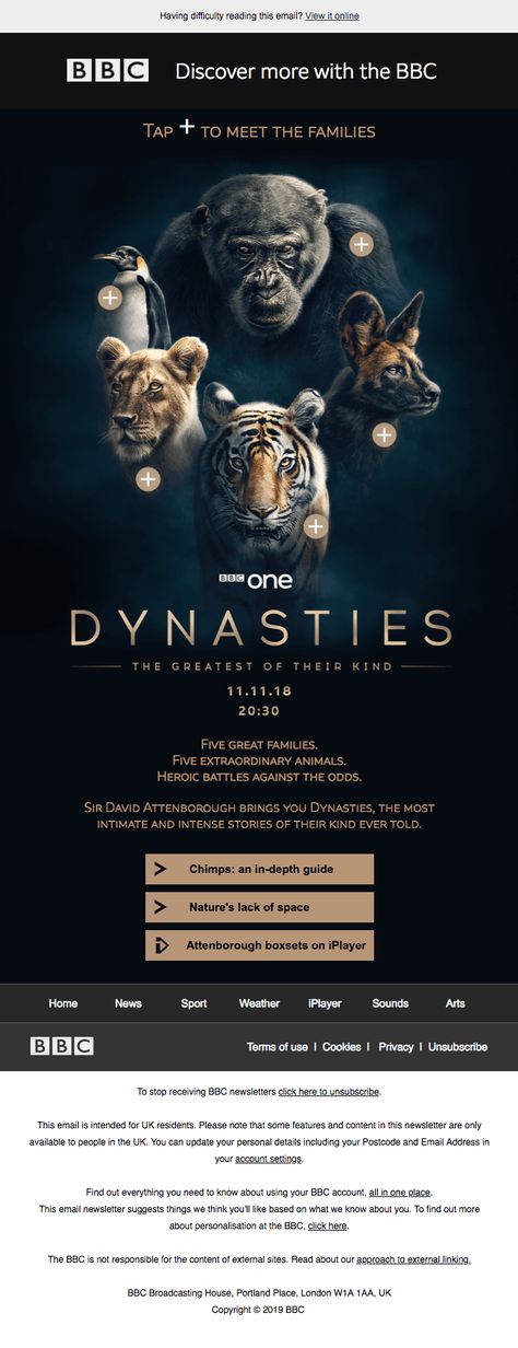 BBC Dynasties documentary email with tap icons to explore more about each family of animals. Email Marketing Inspiration, Email Marketing Design Inspiration, Email Design Inspiration, Email Client, Email Marketing Design, Email Branding, Best Email, Marketing Professional, Email Design