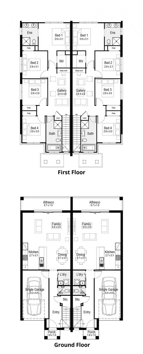 The Magnolia offers a range of double storey duplex designs that may be (subject to local rules) subdivided into two homes. With no compromise on quality and features, these individual family homes provide a choice for the owner occupier or investor alike. Visit our site to view more variations. #homebuilding #homedesign #knockdownrebuild #newhome #displayhome #newhomeideas #newhomeinspo #newhomedesign #luxuryhome #newhomebuilding #familyhomedesign #affordableluxury Small Duplex Floor Plans 2 Story, Four Bedroom Duplex Floor Plan, 4bedroom Duplex Plan, 2 Storey Floor Plan With Dimensions, Owner Occupied Duplex Plans, Hudson Homes, Duplex Design, Study Nook, Semi Detached