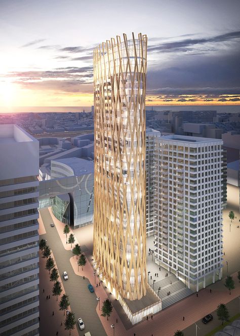 Get Ready for Skyscrapers Made of Wood. (Yes, Wood) | WIRED 5/3/17 PLP Architecture is working on a hyperboloid timber tower in Holland Timber Skyscraper, Timber Tower, Wooden Skyscraper, Mass Timber, Eco Materials, Smart Building, Timber Architecture, Sustainable Building Materials, Architecture Portfolio Design