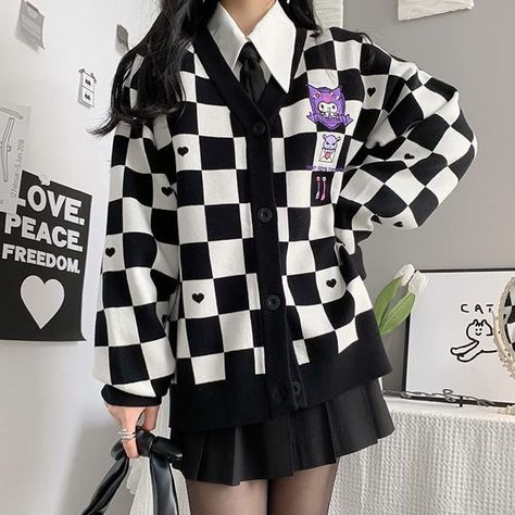 Kuromi Outfit Aesthetic, Kuromi Aesthetic Outfit, Kuromi Black, Checkerboard Sweater, Kuromi Outfit, Kuromi Clothes, Sanrio Outfits, Japan Cute, Hello Kitty Dress