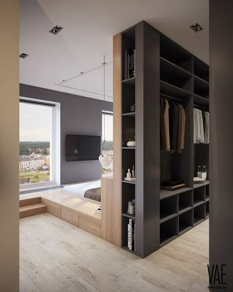 9 Amazing Bedroom Divider Closet Ideas To Maximize Your Space - Closet Behind Bed, Reka Bentuk Bilik Tidur, Bedroom Divider, Apartemen Studio, Design Ložnic, Bed Design Ideas, Koti Diy, Hiasan Bilik Tidur, Bedroom Ideas For Couples Modern