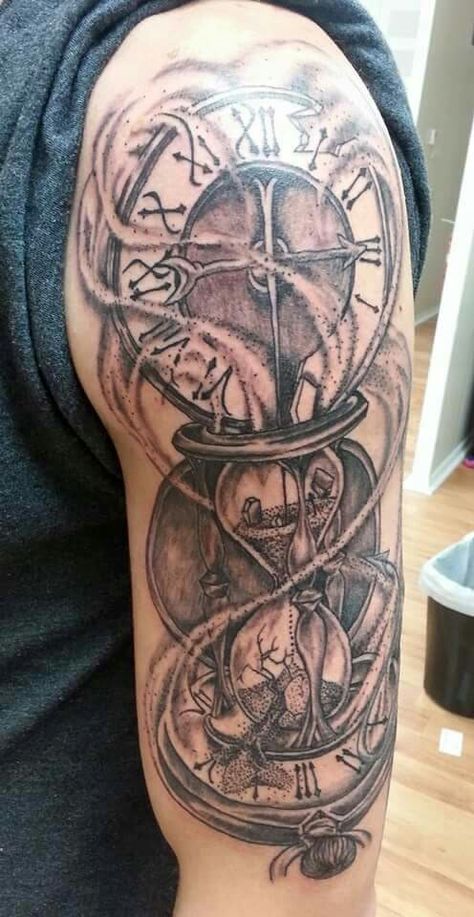 Sands Of Time Tattoo Design, Time Is An Illusion Tattoo, Father Time Tattoo, Time Is Precious Tattoo, Now Tattoo Clock, Time Sand Clock Tattoo, Memento Mori Sleeve Tattoo, Sand Timer Tattoo Design, Pocket Watch Tattoos