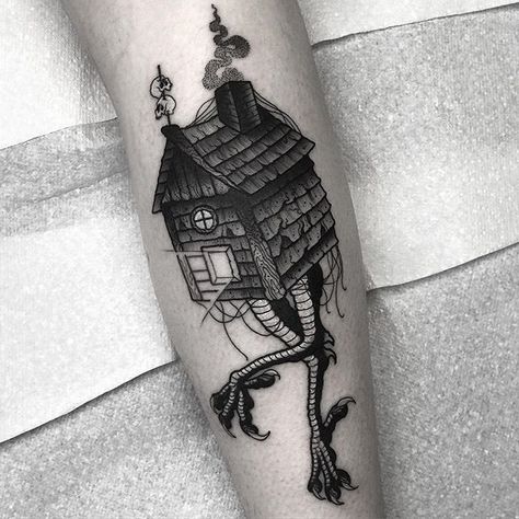 Baba Yaga Tattoo, Babayaga Tattoo, Haunted House Tattoo, Cthulhu Tattoo, Slavic Culture, Blackwork Tattoos, Fairy Tattoo Designs, Ink Spots, Dark Aesthetics