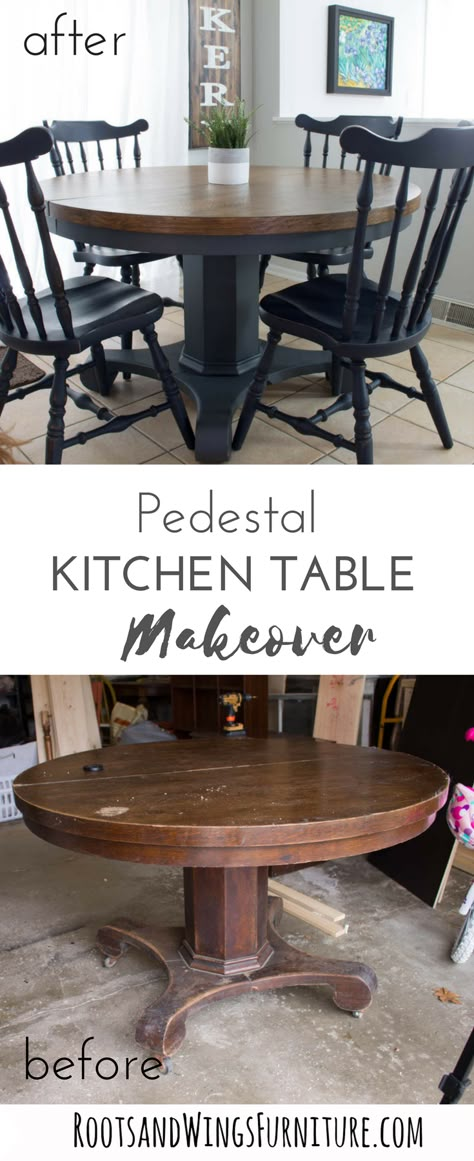 A antique store score gets a makeover and a whole new life when I get my hands on this antique pedestal round table.  Wooden table makeover by Roots & Wings Furniture. Round Dining Table Makeover, Pedestal Kitchen Table, Refurbished Table, Dining Table Makeover, Coffee Diy, Kitchen Table Makeover, Sliding Table, Furniture Repurpose, Table Farmhouse