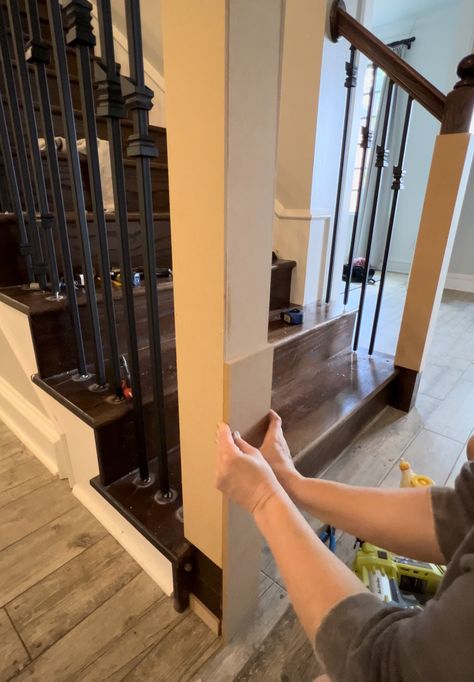 DIY Staircase Makeover - Shanty 2 Chic Diy Stairs Makeover Railings, Diy Stair Post Makeover, 90s Oak Staircase Makeover, Staircase With Black Railing, Replace Stair Balusters, Half Staircase Ideas, Diy Newel Post Makeover, Update Oak Stair Railing, Diy Banister Makeover