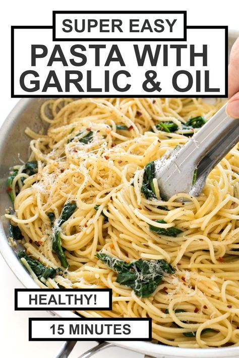 Pasta with Garlic and Oil is one of the most simple yet satisfying dishes you can make! Spaghetti is tossed with olive oil, garlic, lemon juice, parmesan cheese, and crushed red pepper flakes. Ready in just 15 minutes, this is perfect for a quick meal with minimal effort! It’s also naturally vegan with gluten-free options. #pasta #quickrecipe #garlic #oil #vegan Garlic And Spinach Pasta, Garlic Butter Spinach Pasta, Pasta With Olive Oil And Garlic Spinach, Pasta With Olive Oil And Garlic Chicken, Chicken Olive Oil Pasta, Olive Oil And Parmesan Pasta, Oil And Garlic Pasta Recipe, Olive Oil And Garlic Sauce, Pasta With Garlic And Oil