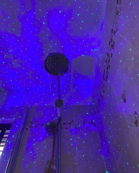 Dark Relaxing Bathroom, Shower With Lights, Night Bathroom Aesthetic, Shower At Night Aesthetic, Blue Shower Aesthetic, Glow Spa Bathroom, Cozy Shower Aesthetic, Led Shower Aesthetic, Led Lights Bathroom Aesthetic