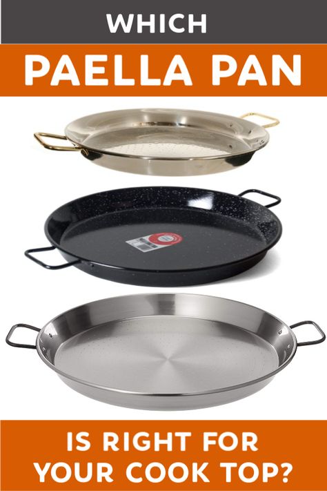 How to choose the best paella pan for you! Meat Paella Recipe, Paella Pan Recipes, Spanish Dish Paella, Sea Food Paella Recipe, Paella Party, Bobby Flay Paella Recipe, Chicken Paella, Paella Recipe Seafood, Enamel Pan