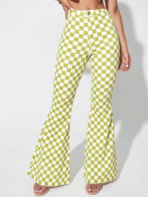 Checker Print Flare Leg Jeans | SHEIN USA Checkered Jeans, 2023 Clothes, Flair Pants, Dream Things, Checker Print, Aesthetic Stuff, Flare Leg Jeans, Go Shopping, Leg Jeans