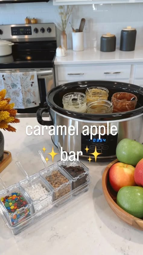 Made this caramel apple bar for a family get together and it was a hit! Pro tip: use cups (as seen) for less drippy mess! Thanks for the tip on the crockpot @samanthabauchmann. Kept everything warm and smooth! 🍎🍏🍁🍂 ✨Caramel Apple Bar✨ -1 (10.8) oz bag Werther’s Original SOFT CARAMELS -1/4 c milk (cream) - oil (I used avocado- 1 tsp per jar) - other dip chips: chocolate chip, white chocolate, peanut butter, butterscotch - apples (I used Granny Smith and Honeycrisp) - toppings: candy car piece Caramel Apple Sundae Bar, Carmel Apple Bar For Wedding, Caramel Apple Booth Ideas, Carmel Dip For Apples Crock Pot, Crock Pot Caramel Apples, Apple Dipping Station Crockpot, Carmel Apple Crockpot, Candy Apple Bar Crockpot, Caramel Apple Dipping Bar Crockpot