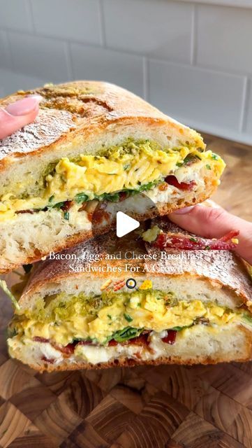 Rachael DeVaux, RD, CPT, PES on Instagram: "Bacon, Egg, and Cheese Breakfast Sammies for a crowd 🤩 you guys are going to LOVE. Perfect family breakfast for Easter this year, make sure to like and save this reel 🤍 then head to rachaelsgoodeats.com for the full recipe - search ‘breakfast sandwich’ ‌ Made with ciabatta bread, goat cheese, pesto, soft scrambled eggs, crispy bacon and arugula 😭 it’s outta control ‌ Send it to someone who would love this 😉 #rachaelsgoodeats #recipe #recipeoftheday #eggs #breakfast #breakfastsandwich #sandwhich #brunch #brunchtime #eattolive #instafood #instafoodie #foodreels #foodofinstagram #protein" Goat Cheese Breakfast Sandwich, Bacon And Eggs Sandwich, Ciabatta Egg Sandwich, Breakfast Ciabatta Sandwich, Ciabatta Sandwich Recipes Breakfast, Bacon Egg Cheese Sandwich, Scrambled Eggs Sandwich, Ciabatta Bread Recipe Sandwiches, Ciabatta Sandwich Recipes