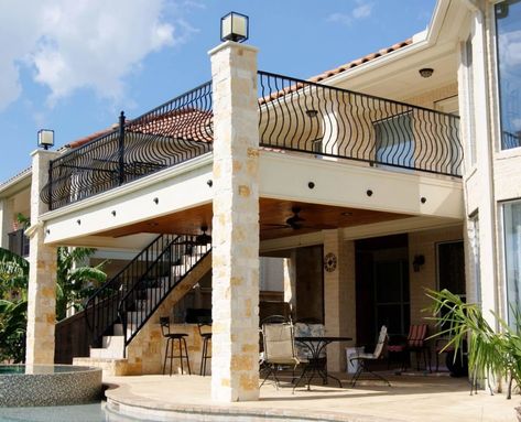 Balcony with Stairs & Kitchen - Texas Custom Patios Balcony House Design, Exterior Balcony Design, Spiral Staircase Outdoor, Outdoor Balcony Ideas, Balcony Ideas House, Stairs In Kitchen, Staircase Outdoor, Patio Plans, House With Balcony