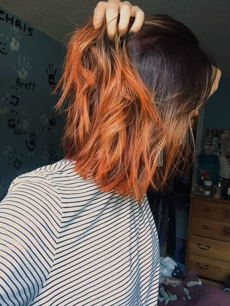 Hair With Orange Ends, Orange Tipped Hair, Dark Brown With Orange Highlights, Brown Hair With Orange Streaks, Orange Peak A Boo Hair, Ombre Hair Orange, Brown Orange Ombre Hair, Orange Dye Hair, Brown Hair With Orange Tips