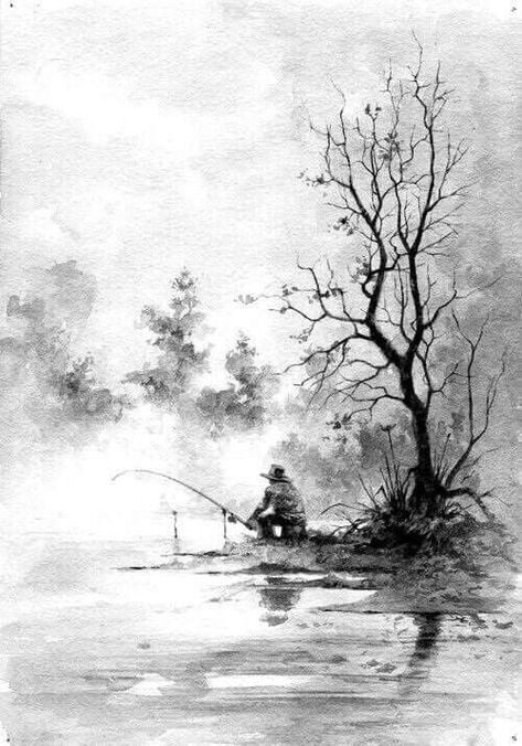 Pencil Sketches Landscape, Man Fishing, Landscape Pencil Drawings, Nature Art Drawings, Pen Art Drawings, Landscape Sketch, White Drawing, Charcoal Art, Landscape Art Painting