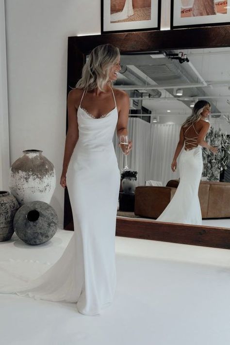 351b33587c5fdd93bd42ef7ac9995a28desc52610151ri Halter Backless Wedding Dress, Wedding Dresses Halter, Debs Dresses, Spaghetti Strap Wedding Dress, Simple Wedding Dresses, Halter Wedding Dress, White Mermaid, Silk Wedding Dress, Mermaid Wedding Dresses