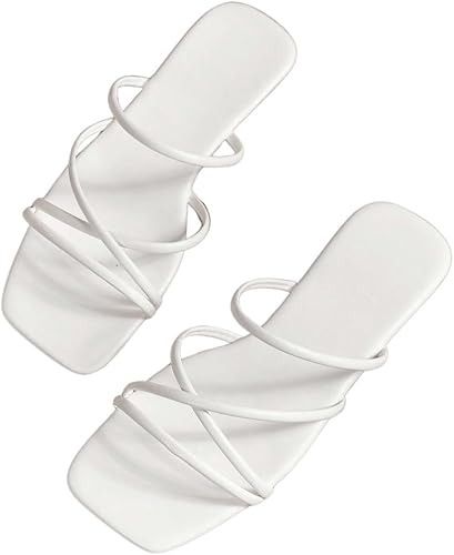 Amazon.com | GORGLITTER Cross Strap Flat Sandals PU Leather Slip on Open Square Toe Summer Slide Sandals White 10.5 | Flats White Summer Sandals, Cute White Sandals, Square Sandals, Cute Flat Sandals, White Sandals Flat, White Flat Sandals, Street Shopping, White Slides, Pretty Quinceanera Dresses