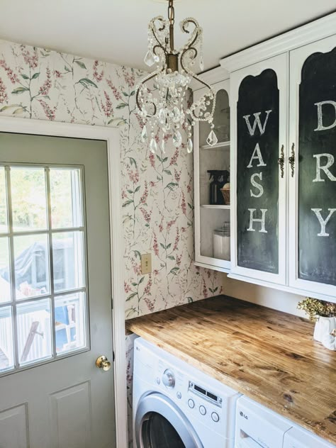 Peel And Stick Wallpaper Laundry, Budget Laundry Room Makeover, Wallpaper Laundry Room, Wallpaper Laundry, Cottage Laundry Room, Diy Laundry Room Makeover, Laundy Room, Country Laundry Rooms, Small Laundry Room Makeover