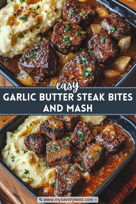 Juicy steak bites in a rich garlic butter sauce, paired with creamy mashed potatoes—this Garlic Butter Steak Bites and Mash is a comforting, easy dinner. Steak Bites And Mashed Potatoes, Juicy Steak Bites, Steak And Mashed Potatoes, Garlic Butter Steak Bites, Butter Steak Bites, Garlic Steak, Butter Steak, Potato Dinner, Garlic Butter Steak