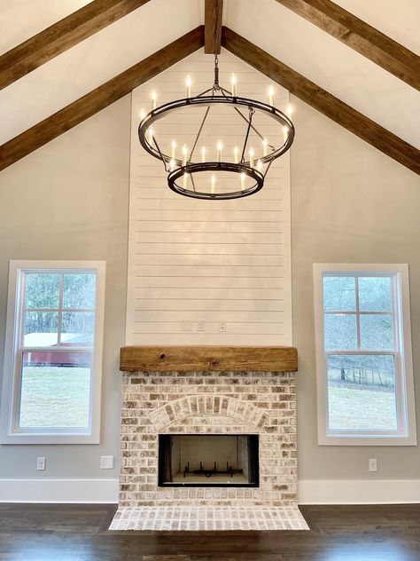 Modern Farmhouse Bedroom Fireplace, One Beam In Living Room, Farmhouse Chimney Ideas, Fireplaces On A Flat Wall, Great Room Ideas Farmhouse, Modern Farmhouse Master Shower Ideas, Vaulted Back Porch With Fireplace, Indoor Fireplace Vaulted Ceiling, Fireplace In Cathedral Living Room