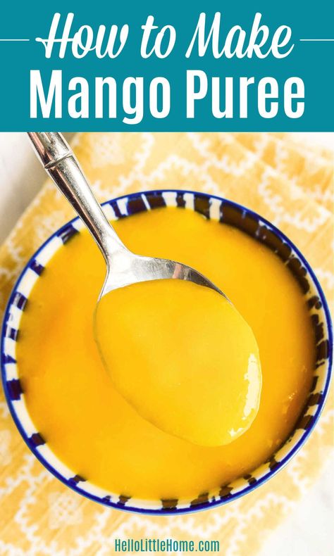 Looking for creative ways to use Mango? Try this delicious Mango Puree recipe! Learn how to make the BEST Mango Puree using simple ingredients. This homemade Mango Pulp is easy to make. Prepare it with and without sweetener. Plus it’s so versatile. Serve this fresh Pureed Mango concentrate as a sauce (it’s delicious on cheesecake) or topping, or use it to make desserts (like cake), drinks, smoothies, cocktails, mango juice, more. Vegetarian, Vegan, Dairy Free, Gluten Free. | Hello Little... Mango Puree Recipe Desserts, Mango Recipes For Dinner, Mango Puree Recipe, Veggie Recipes Breakfast, Simple Syrups, Pulp Recipe, Mango Jelly, Hot Desserts, Drinks Smoothies