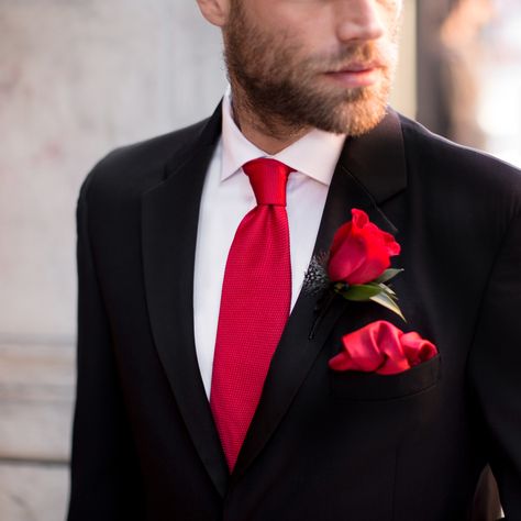 Style tip: Trim your classic black tuxedo with romantic pops of red ties and boutonnieres for ultimate elegance. #MensWearhouse Black Suit Red Tie, Black Suit White Shirt, Suit With Red Tie, White Tuxedo Wedding, Red Tie Men, All Black Suit, Red And White Weddings, White Tuxedo, Red Wedding Dresses