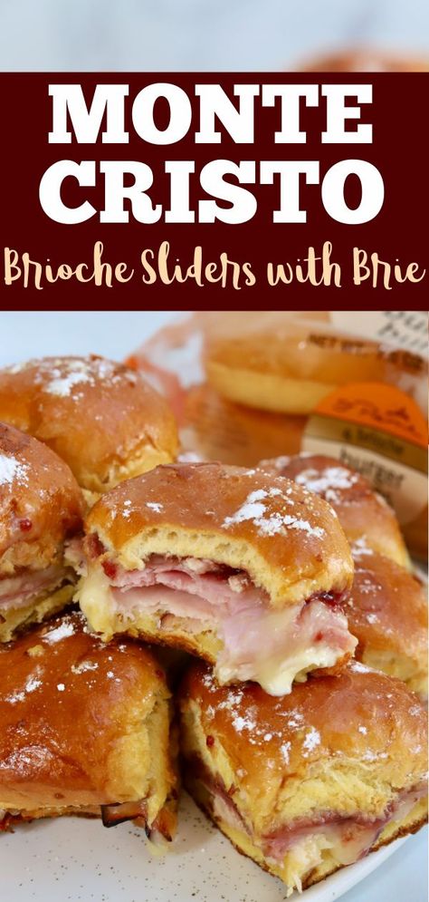 These Monte Cristo Sliders are what dreams are made of. Soft brioche rolls stuffed with turkey, ham, brie and raspberry jam… yes, please! #MoneCristo #Sliders #Recipe Brioche Bread Sandwich Ideas, Brioche Sandwich Ideas, Brioche Sandwich, Monte Cristo Sliders, Hearty Sandwiches, Croissant Sandwiches, Rolled Sandwiches, Sandwiches Recipes, Monte Cristo Sandwich