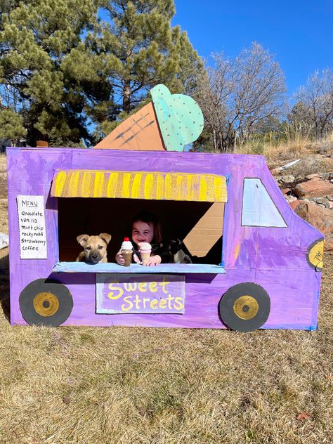 Create a DIY ice cream truck with a box, painters tape, an exacto knife and paint! Diy Ice Cream Truck, Box Ice Cream, Big Cardboard Boxes, 25 Minute Workout, Cardboard Box Car, Truck Diy, Vbs 2023, Exacto Knife, Coffee Truck