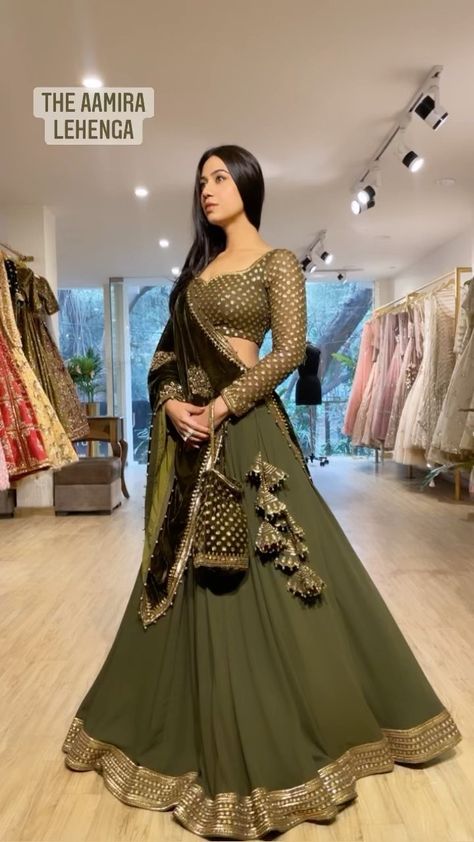 prevasu on Instagram: The Aamira lehenga- royal, graceful and understatedly elegant 👑 An ensemble fit for a princess ♥️ #lehenga #wedding #instafashion #shaadi… Party Wear Green Choli With Self Design, Semi-stitched Anarkali Lehenga, Floor-length Lehenga With Dabka Work For Parties, Party Lehenga With Dabka Work, Floor-length, Party Wear Fitted Lehenga With Dabka Work, Semi-stitched Lehenga With Self Design For Eid, Green Lehenga With Dabka Work For Party, Party Green Lehenga With Dabka Work, Gold Party Wear Lehenga With Self Design