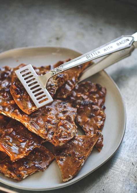 Bourbon Brittle, Homemade Peanut Brittle, Bourbon Bacon, Bacon In The Oven, Thick Cut Bacon, Jelly Roll Pan, Peanut Brittle, A Match Made In Heaven, Toasted Pecans