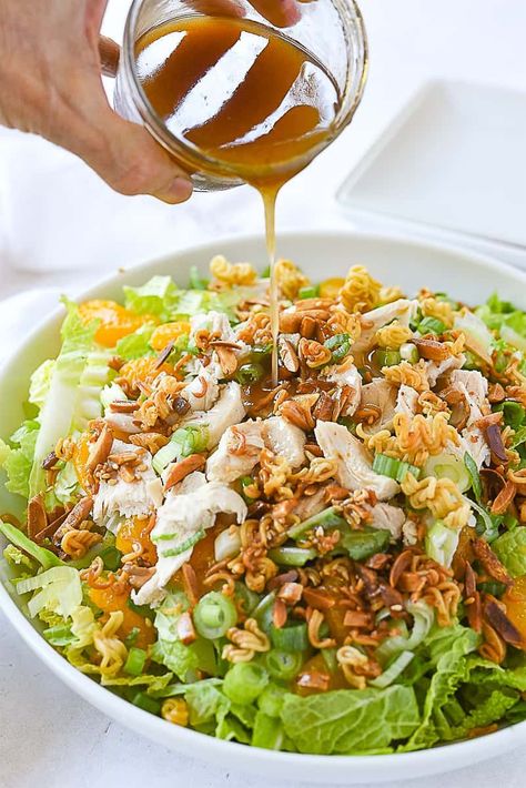 Napa Cabbage Salad is topped with a crunchy ramen noodle and almond topping and dressed with a sesame soy dressing for a delicious and easy salad. Napa Salad, Chinese Cabbage Salad, Napa Cabbage Recipes, Napa Cabbage Salad, Soy Dressing, Cabbage Salad Recipes, Asian Chicken Salads, Chinese Chicken Salad, Chicken And Cabbage