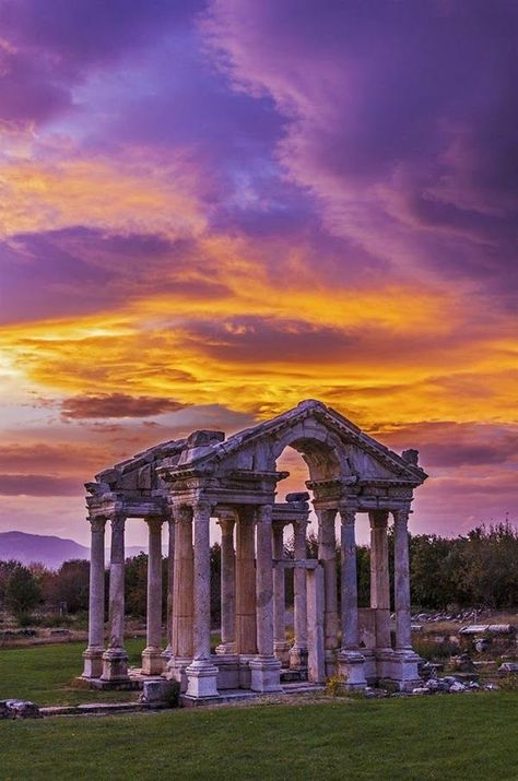 Sunset over Temple of Aphrodite, Aphrodisias, Turkey Temple Of Aphrodite, Terra Nova, Turkey Travel, Ancient Architecture, Ancient Ruins, Ancient Cities, Ancient Greece, Ancient History, Places Around The World