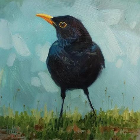 Daily Paintworks - "Black Bird" - Original Fine Art for Sale - © Dasha Piven Blackbird Painting, Oil Painting Birds, Blackbird Art, Painting Birds, Gallery Website, Bird Painting, Animal Painting, Daily Paintworks, Blackbird