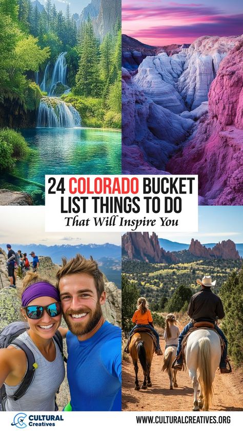 A collage of Colorado's natural landscapes, including waterfalls, colorful rock formations, hiking trails, and horseback riding, illustrating 24 Colorado Bucket List Things to Do That Will Inspire You. Colorado Must See, Colorado Bucket List, Colorado Activities, Gunnison National Park, Natural Hot Springs, Cheyenne Mountain, Road Trip To Colorado, Colorado Trip, Red Rock Amphitheatre