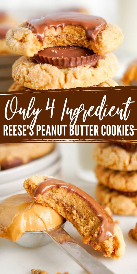 Easy Peanut Butter Cup Cookies Recipe! The BEST Thick and Chewy Reese's Peanut Butter Cookies with only 4 ingredients cookie recipe! The perfect mixture of peanut butter and chocolate in one! So easy to make and a crowd favorite! #lmeonpeony #peanutbuttercookies #reesescookies Recees Peanut Butter Cookies, Reese Peanut Butter Cookies, Reese’s Peanut Butter Cookies, Reese’s Peanut Butter Cookies Recipe, Peanut Butter Cookie With Reese Cup, Recees Peanut Butter Cup Cookies, Cup Cookies Recipe, Reese’s Pieces Peanut Butter Cookies, Designer Desserts