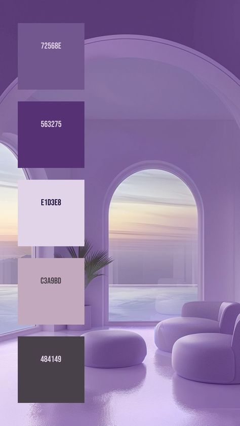 Colors: 72568E ° 563275 ° E1D3E8 ° C3A9BD ° 484149 Sky Gradient, White Container, Purple Color Combinations, Yellow Palette, Body Template, Purple Palette, Late Evening, Hex Color Palette, Purple Interior