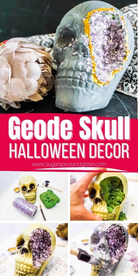 Foam Skull Ideas, Moss Skull Diy, Diy Dollar Tree Skull Decor, Gothic Decor Diy Ideas, Foam Skull Diy, Skull Diy Crafts, Foam Skull Crafts, Diy Skull Halloween Decor, Styrofoam Skull Ideas