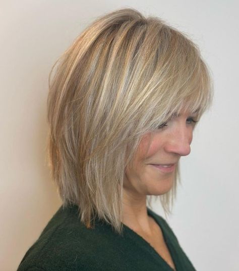 Over 50 Shaggy Blonde Bob with Bangs Bangs For Women Over 50, Bangs Over 50, Blonde Bob With Bangs, Haircuts For Women Over 40, Fine Flat Hair, Layered Bob With Bangs, Blonde Layered Hair, Layered Bob Haircuts, Bangs For Women