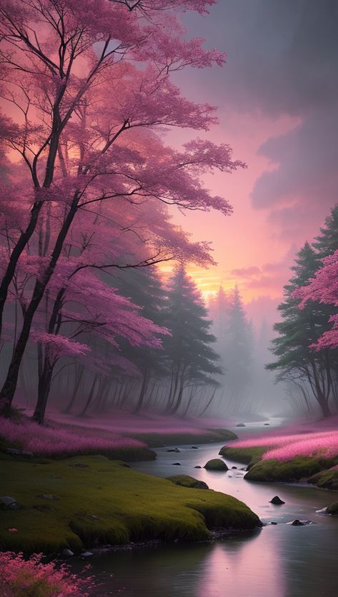 Painting of a river in a forest with a pink sunset, fantasy forest landscape, mystical fantasy landscape, epic dreamlike fantasy landscape, fantasy forest, magical fantasy forest, glowing colorful fog, magical colors and atmosphere, magical landscape, lost in a dreamy fairy landscape, dreamlike digital painting, fantasy landscape painting, fantasy digital painting, dreamy landscape, fantasy artrealistic painting Fairy Landscape Painting, Painting Fantasy Landscape, Dreamlike Aesthetic, Fantasy Landscape Painting, Fantasy Forest Landscape, Fairy Landscape, Fantasy Artwork Landscape, Forest Magical, Magical Colors