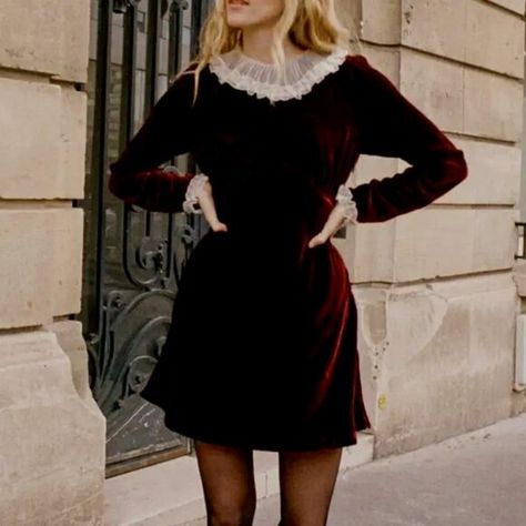 DOEN Meltia Dress In Vino Rosso Doen Dress, Organza Collar, Burgundy Velvet Dress, Sleeved Velvet Dress, Woman's Fashion, Burgundy Velvet, Event Outfit, A Line Mini Skirt, Vintage Inspired Dresses