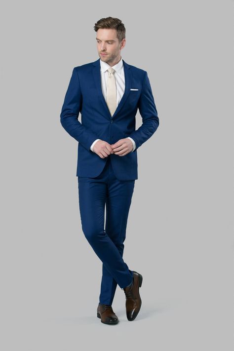 Navy Suit with Champagne tie Suit With Champagne Tie, Blue Suit Style, Deep Blue Suit, Navy Blue Suit Men, Cobalt Blue Suit, Blue Groomsmen Suits, Cobalt Blue Weddings, Blue Groomsmen, Blue Tux