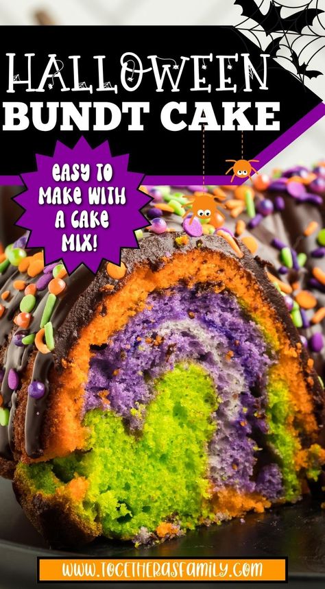 Halloween Bundt Cake, Multi Color Cake, Halloween Themed Desserts, Halloween Cakes Easy, Cake With Layers, Easy Bundt Cake, Halloween Sprinkles, Halloween Colors, Easy Halloween Food